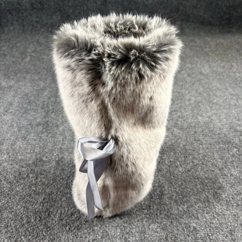 Gray Faux Fur Wine Bottle Gift Bag Satin Ribbon Tie Holiday Bottle Cover Luxe